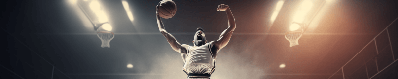 A basketball player captured mid-jump shot in a brightly lit indoor arena with an excited and energetic atmosphere.